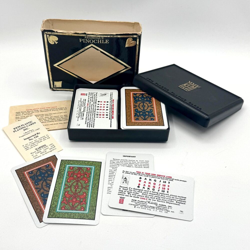 Vintage KEM Pinochle Playing Cards ARABESQUE Dual Deck Plastic Set Case